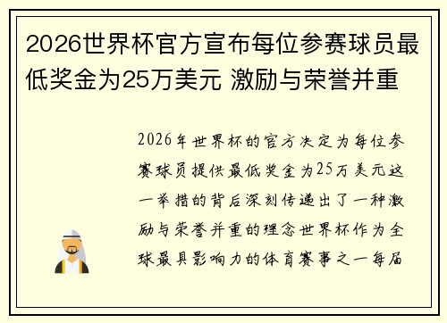 2026世界杯官方宣布每位参赛球员最低奖金为25万美元 激励与荣誉并重