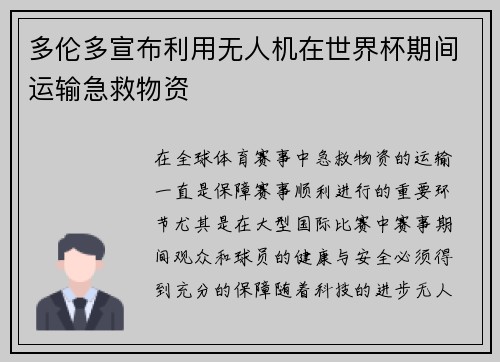 多伦多宣布利用无人机在世界杯期间运输急救物资 多伦多宣布利用无人机在世界杯期间运输急救物资